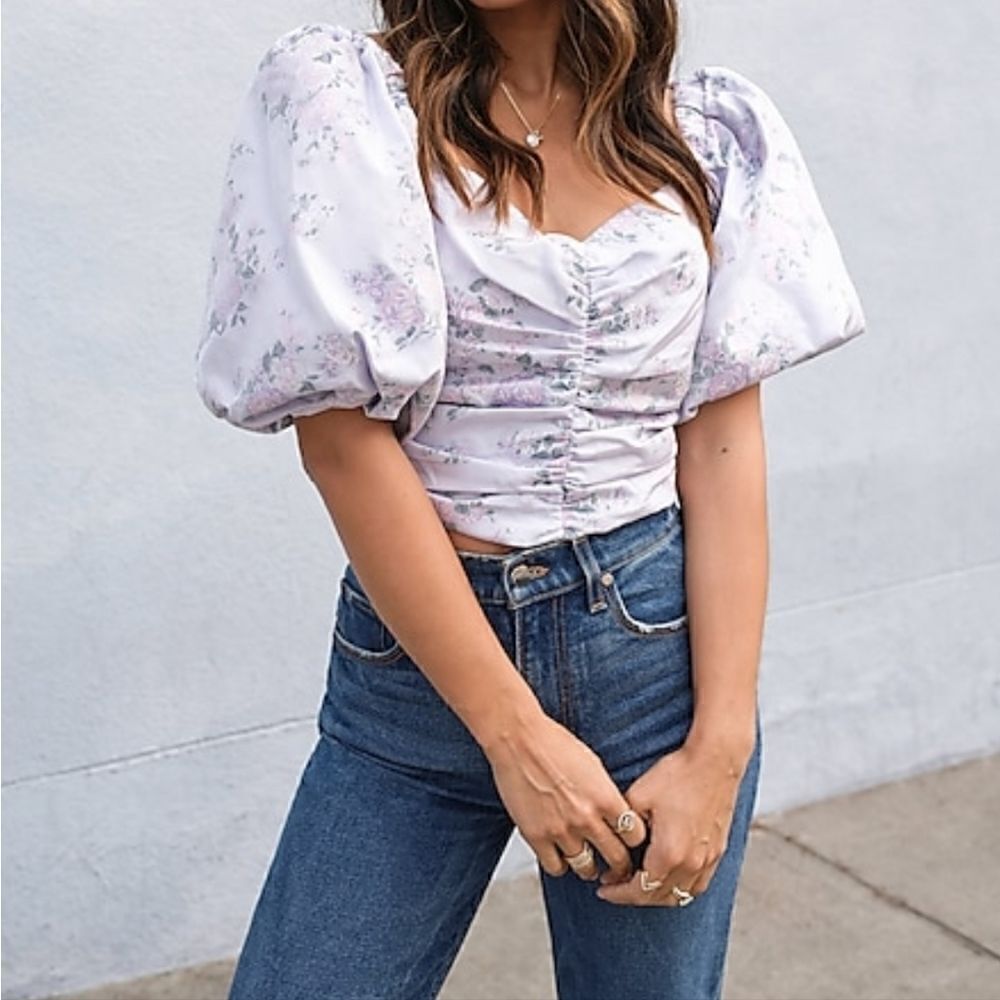 Express floral puff sleeve ruched cropped top size xl